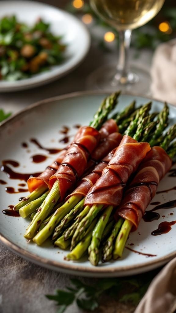 Prosciutto-wrapped asparagus on a plate with balsamic glaze