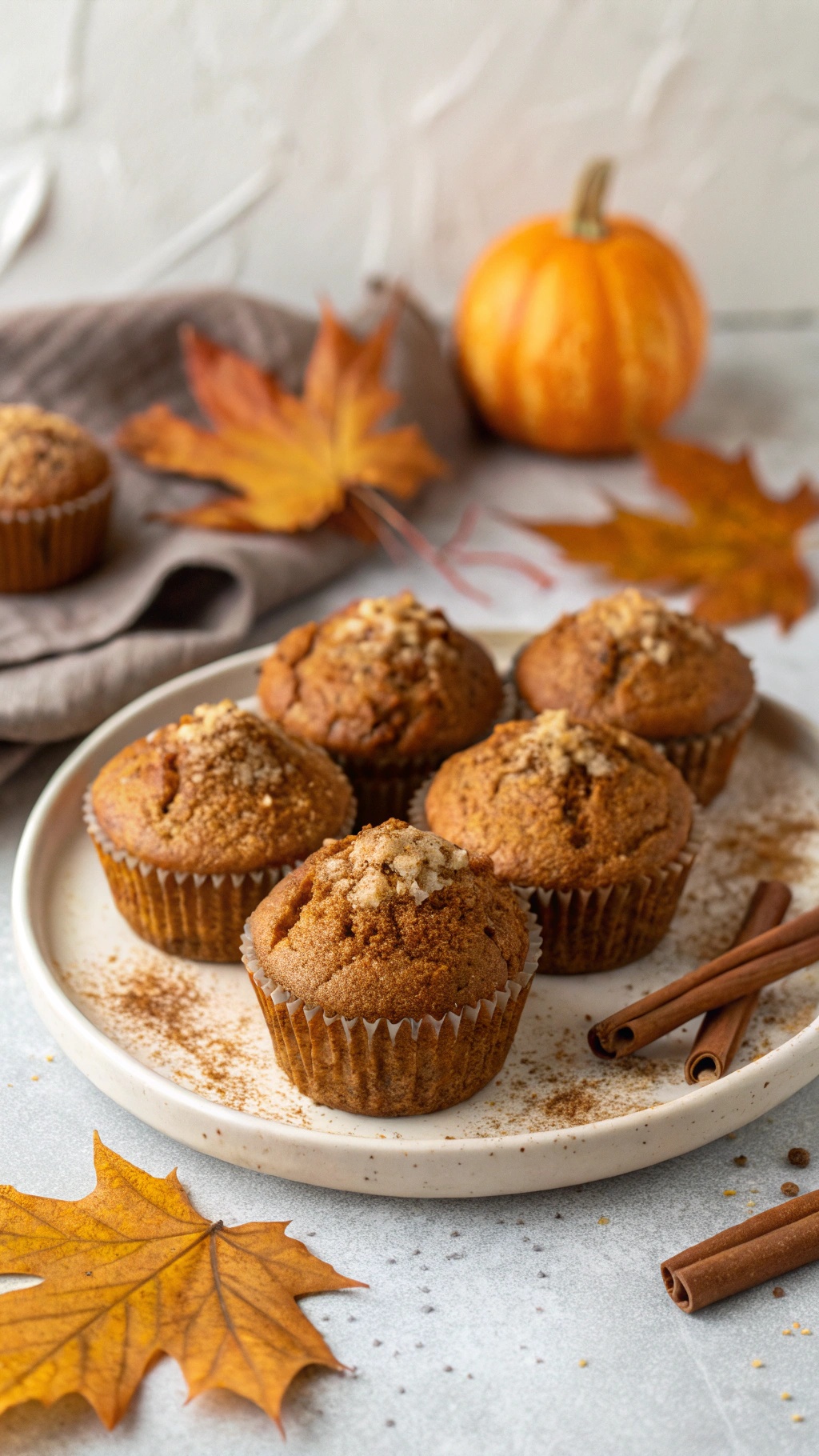 Savory pumpkin spice muffins on a plate with autumn leaves and a small pumpkin