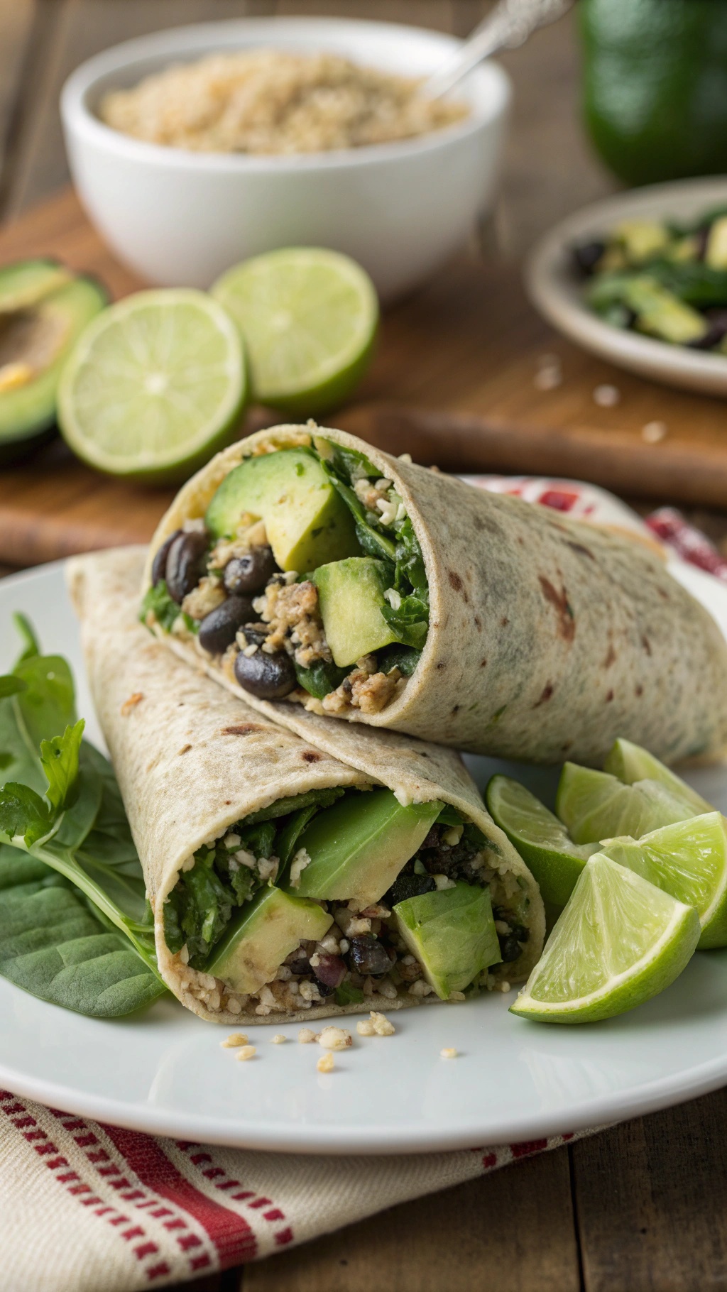 Savory quinoa and black bean wraps with lime wedges