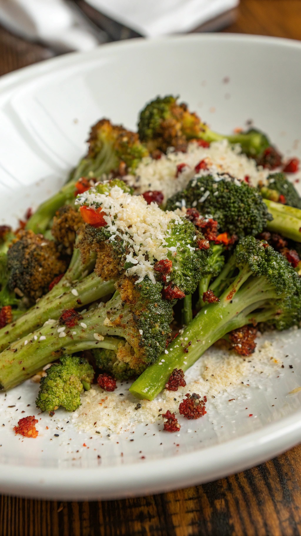 Savory roasted broccoli with a Parmesan crust, garnished with red pepper flakes on a white plate.