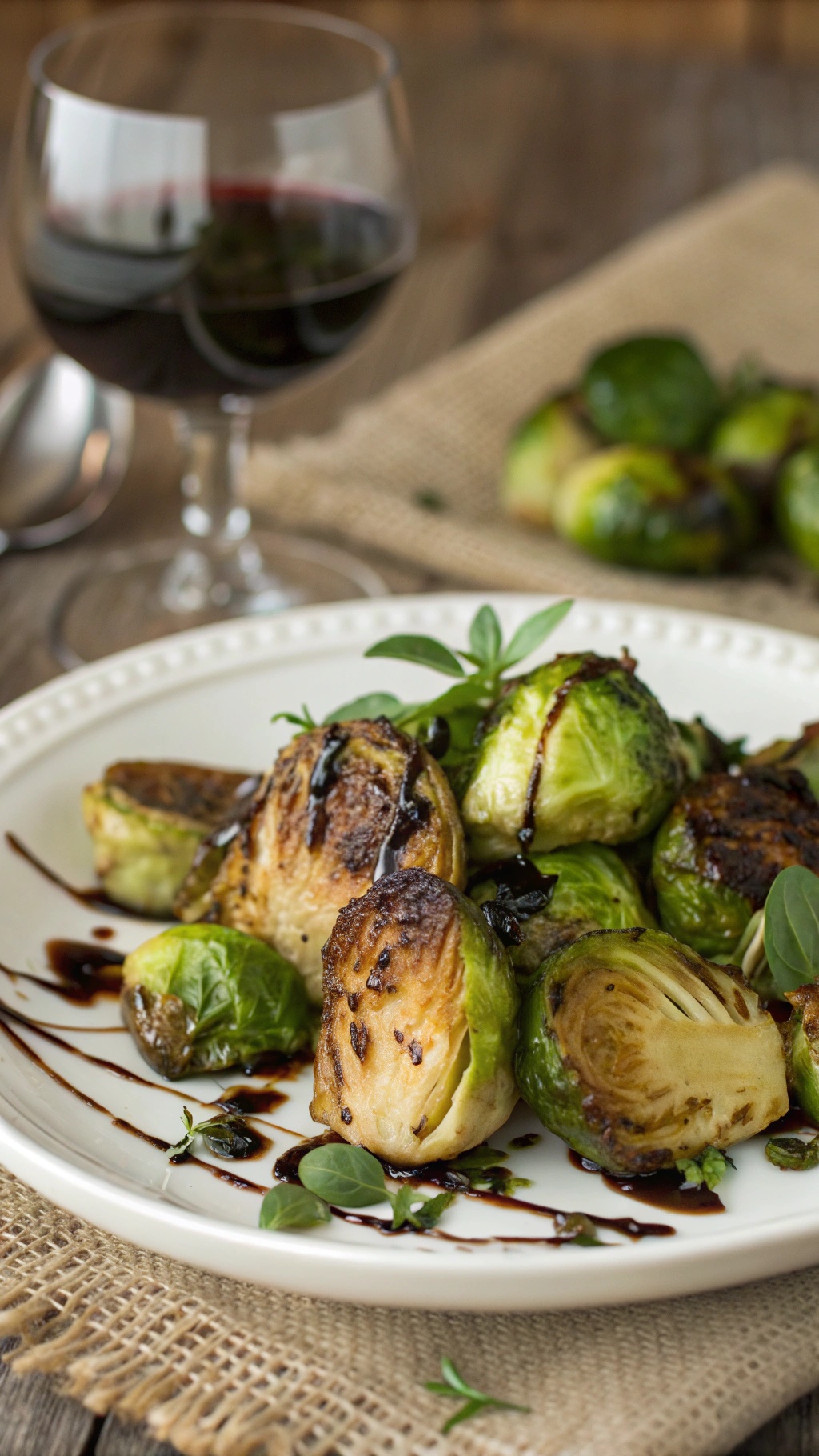 A plate of roasted Brussels sprouts drizzled with balsamic glaze, accompanied by a glass of red wine.
