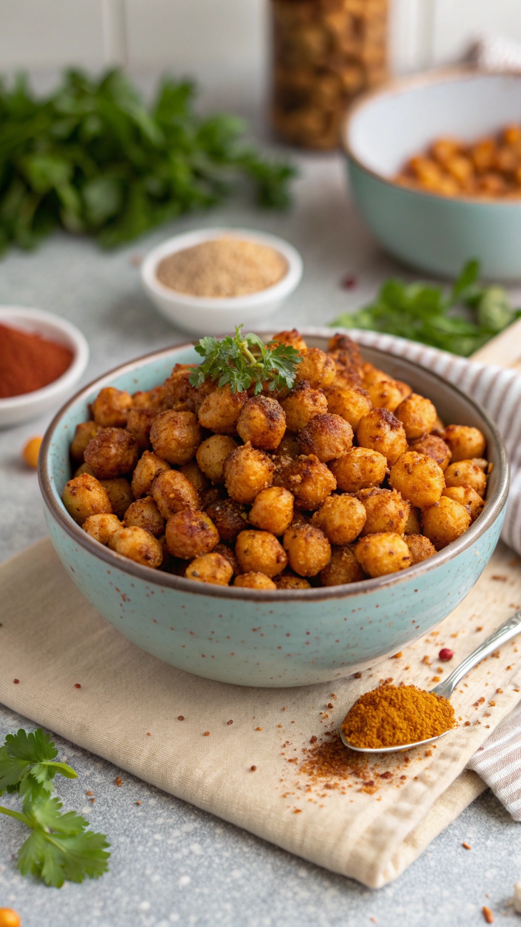 A bowl of crunchy roasted chickpeas garnished with herbs, surrounded by spices.