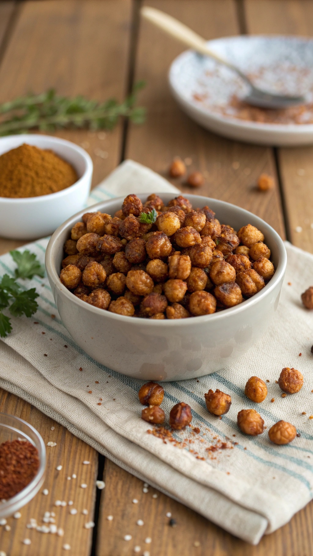 A bowl of crunchy roasted chickpeas on a wooden table with spices and herbs.