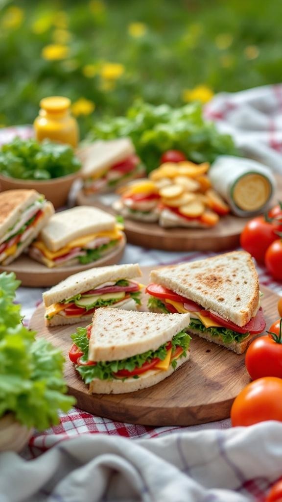 A variety of savory sandwiches on wooden plates, surrounded by fresh vegetables and snacks.