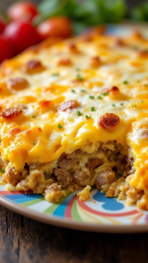 A delicious low-carb sausage and cheese breakfast casserole, golden and cheesy on top.