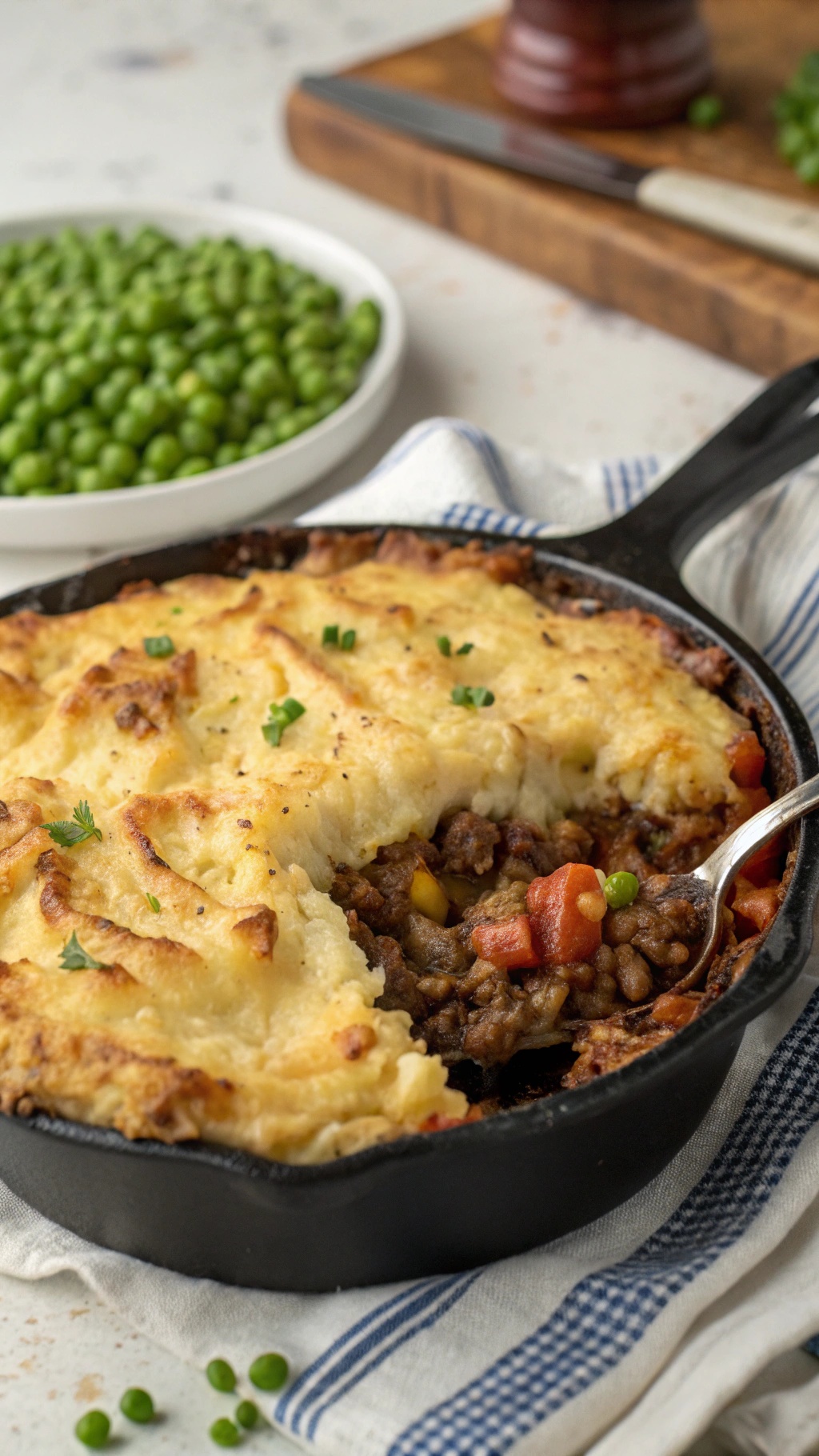 A delicious shepherd's pie in a cast iron skillet with a golden topping and a side of green peas.