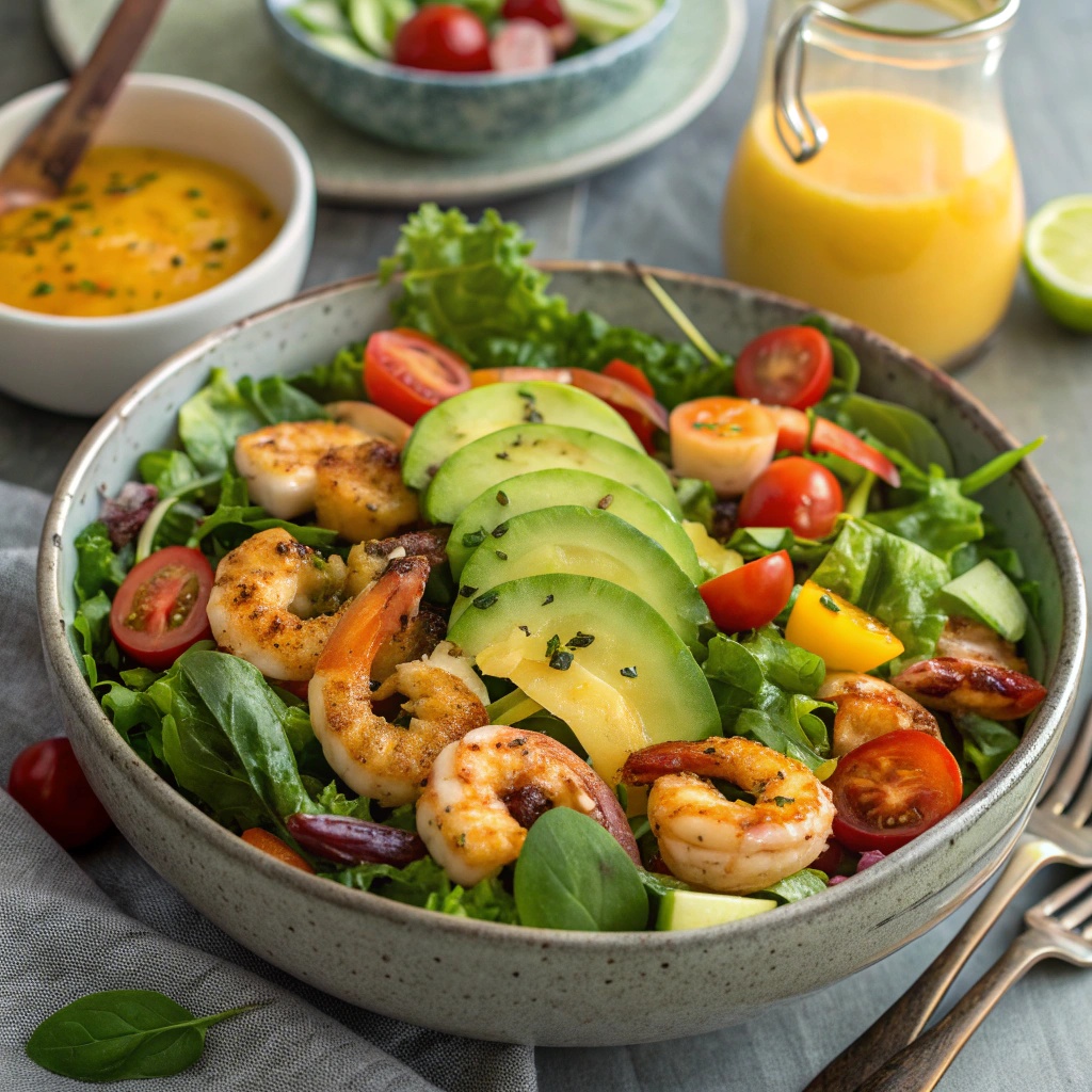 A vibrant Shrimp and Avocado Salad with grilled shrimp, diced avocado, cherry tomatoes, and mixed greens.
