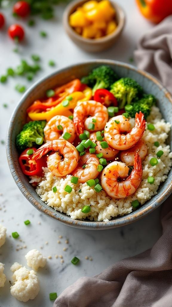 A bowl of shrimp and cauliflower rice with colorful vegetables.