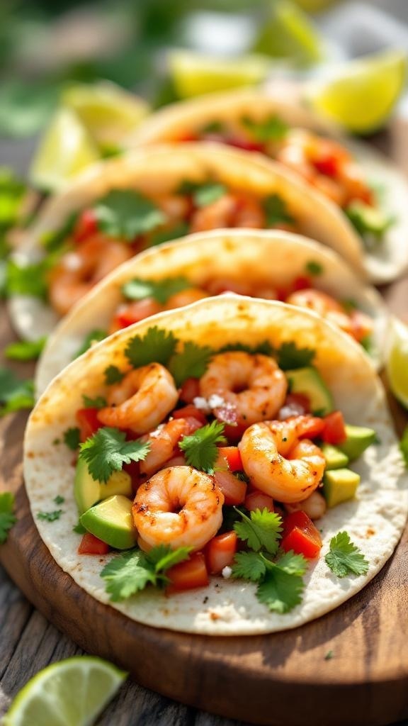 Shrimp tacos with avocado, tomatoes, and cilantro on a wooden board.