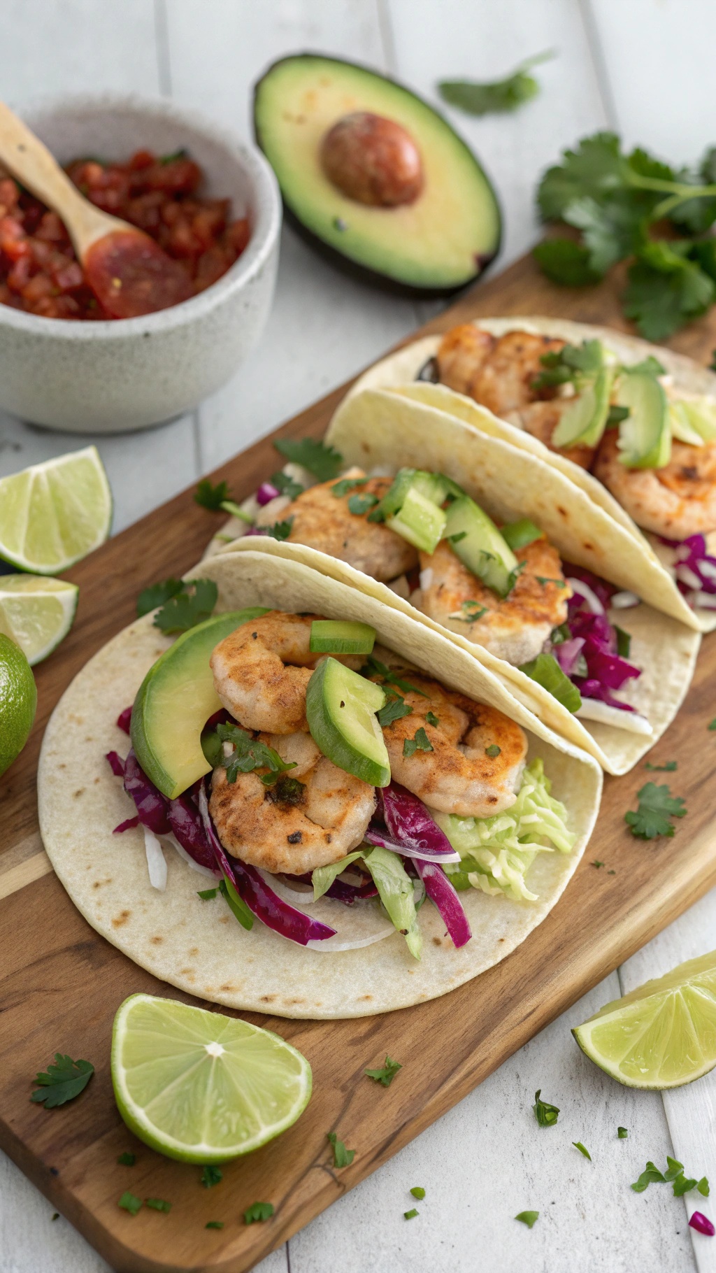 Shrimp tacos with avocado, cabbage, and lime on a wooden board