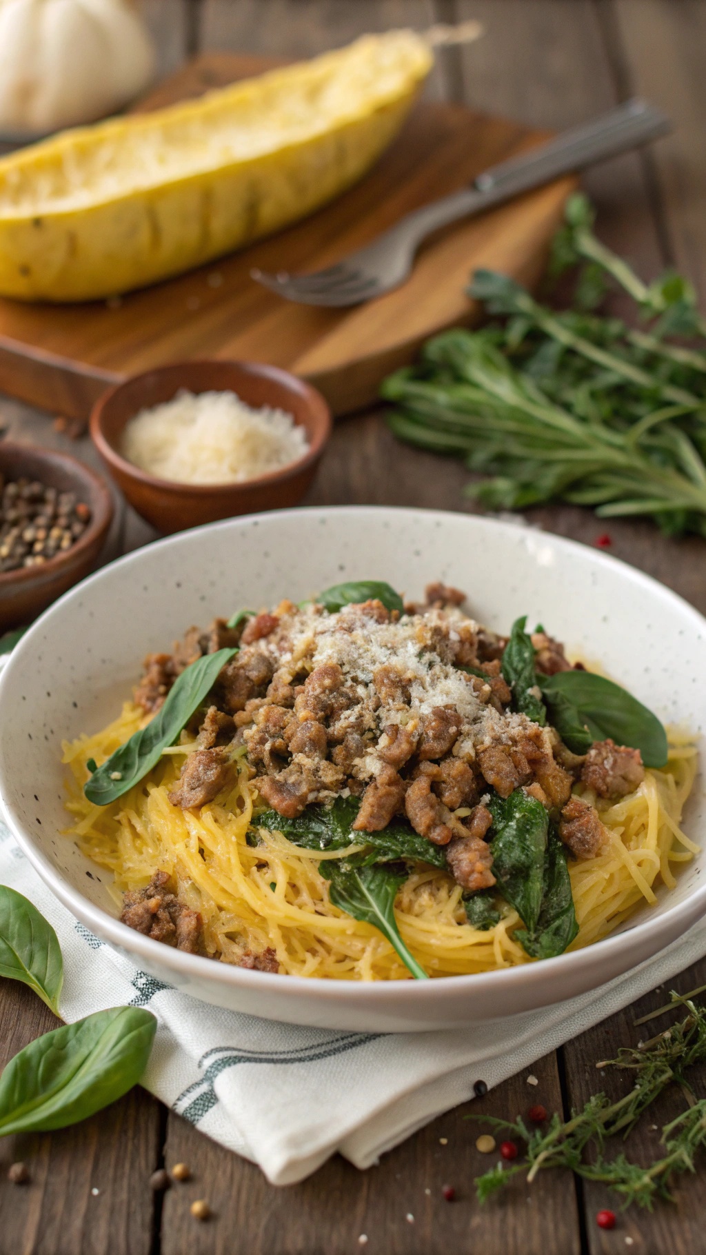 A bowl of spaghetti squash topped with ground turkey and spinach, garnished with cheese.