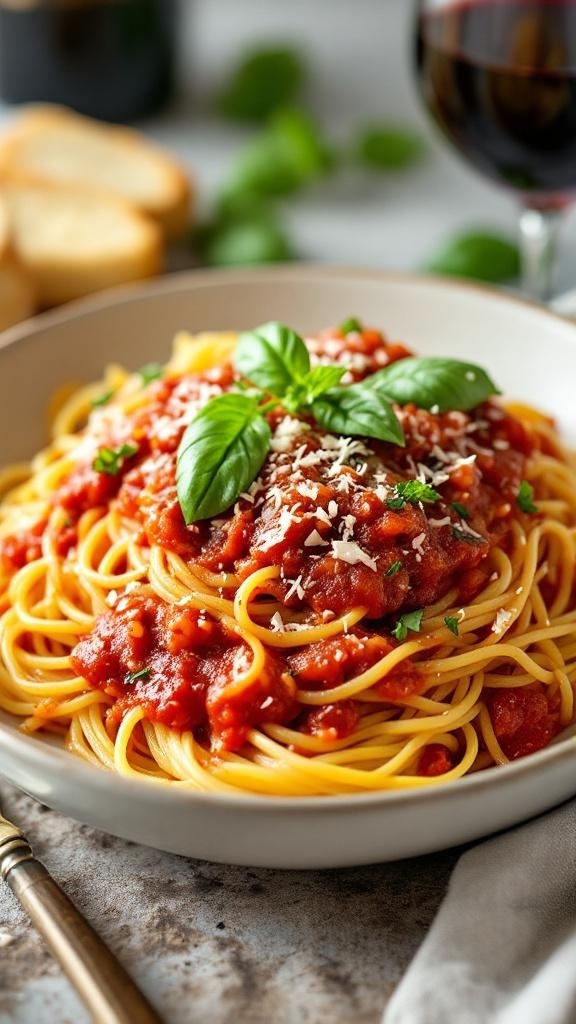 A bowl of spaghetti squash topped with marinara sauce, garnished with basil and cheese.