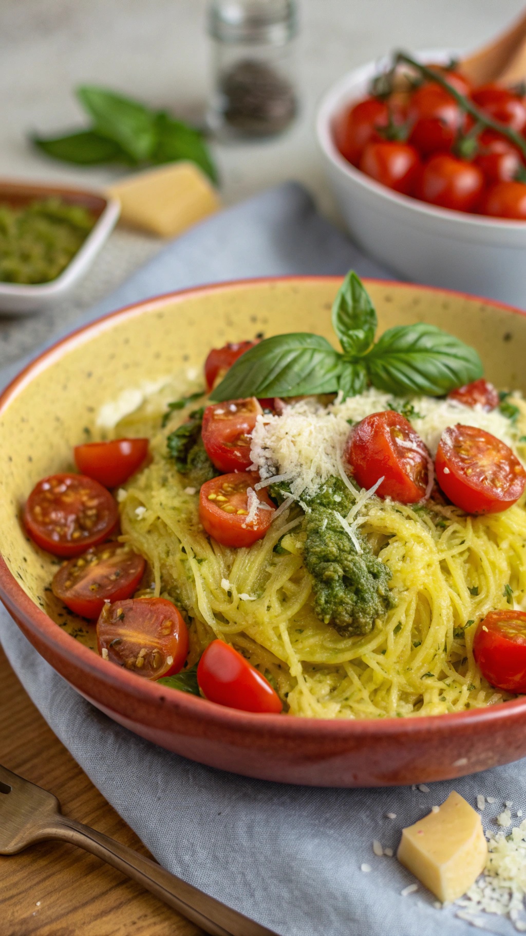 A bowl of spaghetti squash topped with pesto and cherry tomatoes, garnished with basil.