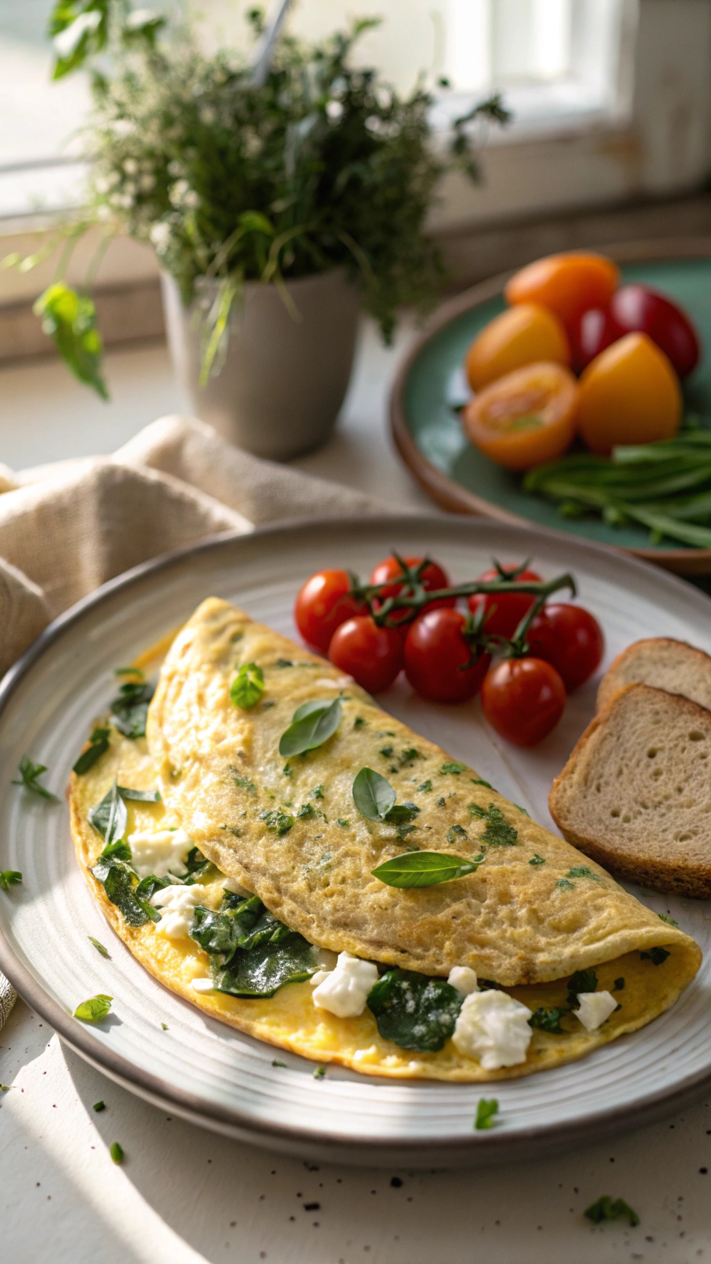 A savory spinach and feta omelette served with cherry tomatoes and bread, garnished with fresh herbs.