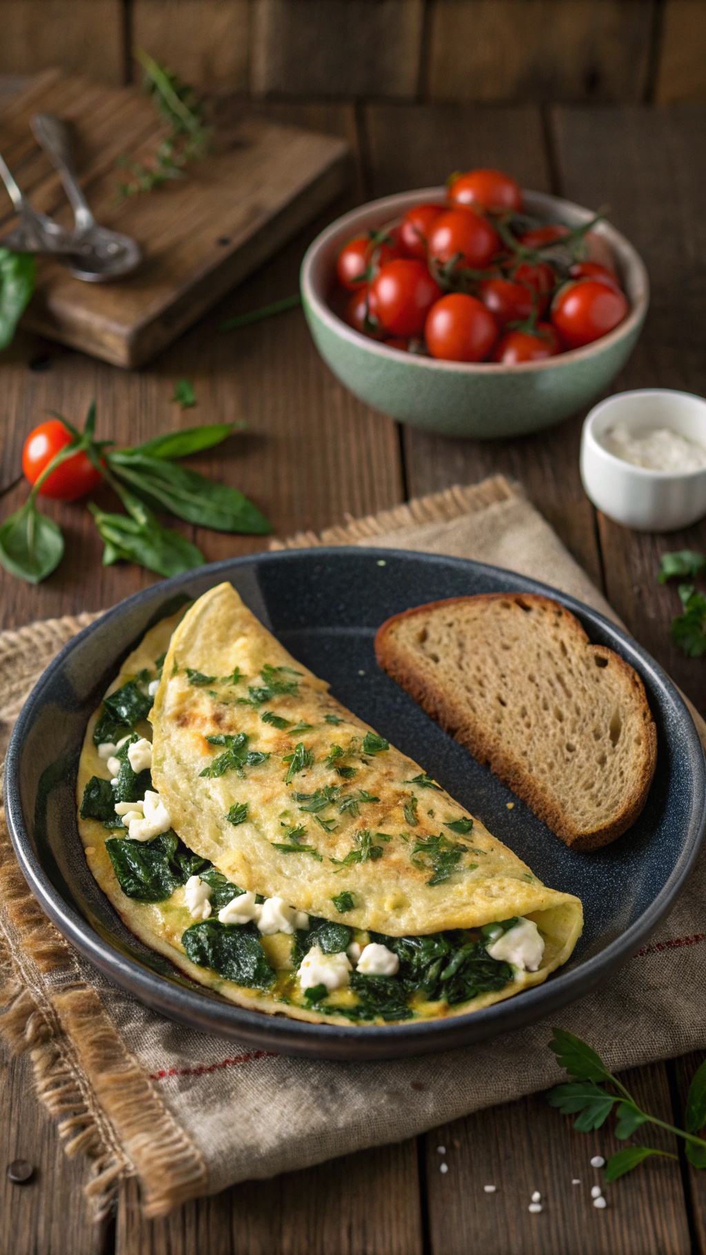 A savory spinach and feta omelette served on a plate with a slice of bread and fresh tomatoes in the background.
