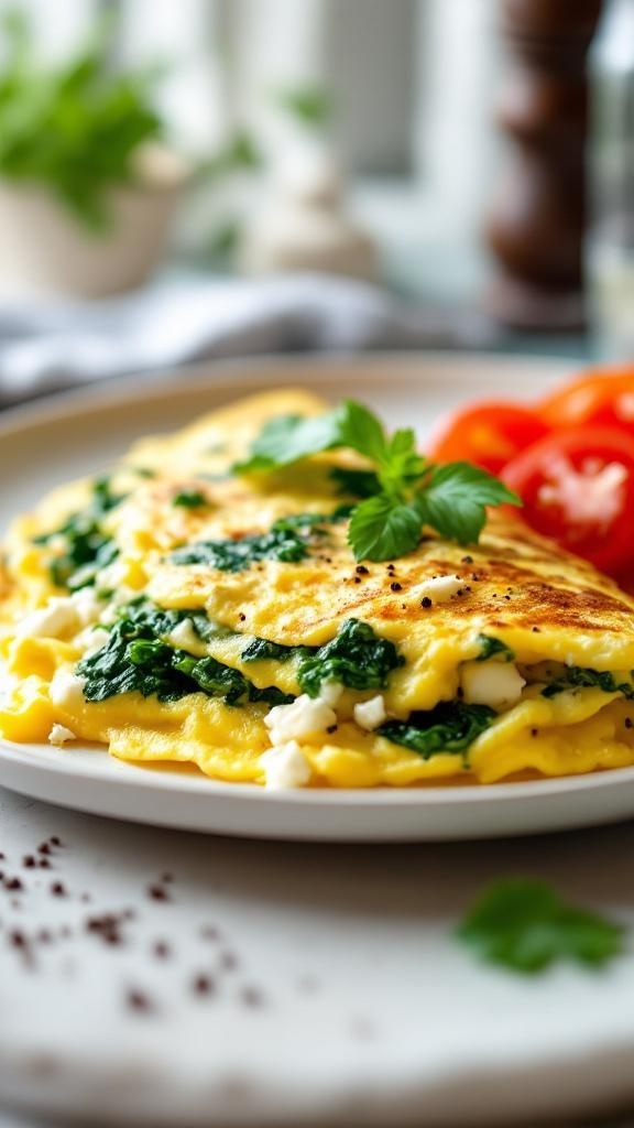 A delicious spinach and feta omelette served with fresh tomatoes