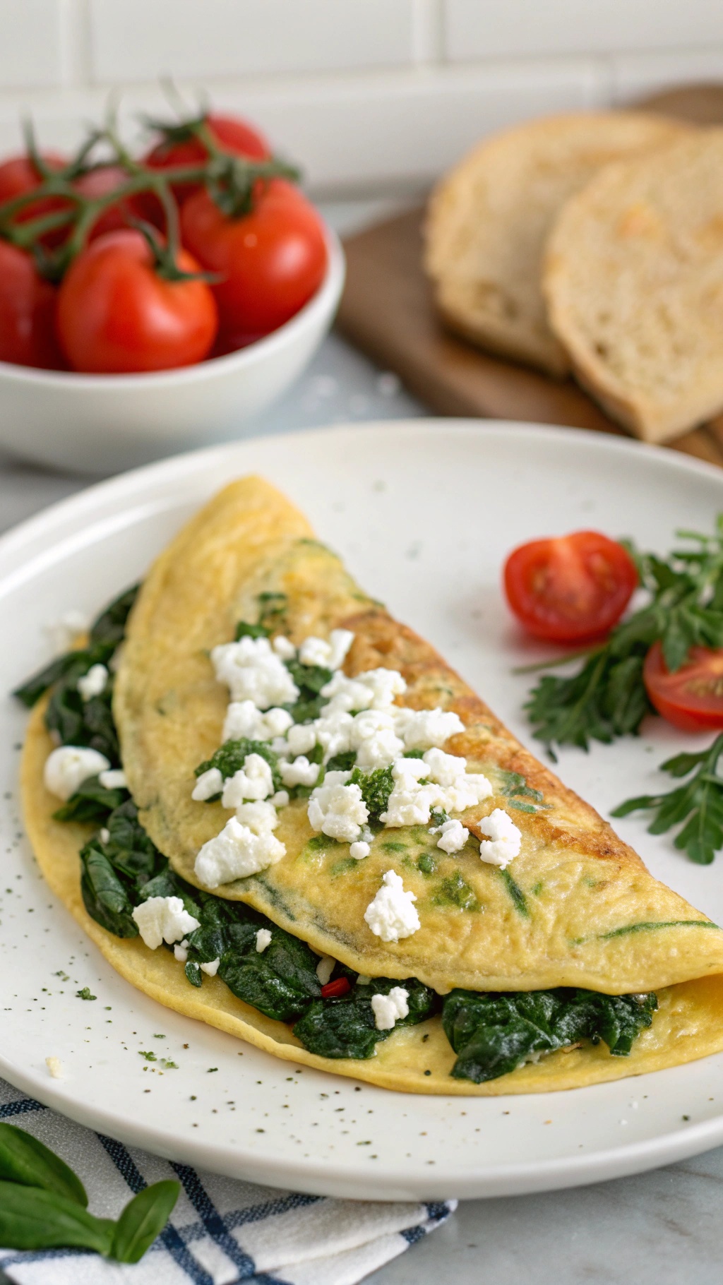 A savory spinach and feta omelette served with cherry tomatoes on the side.