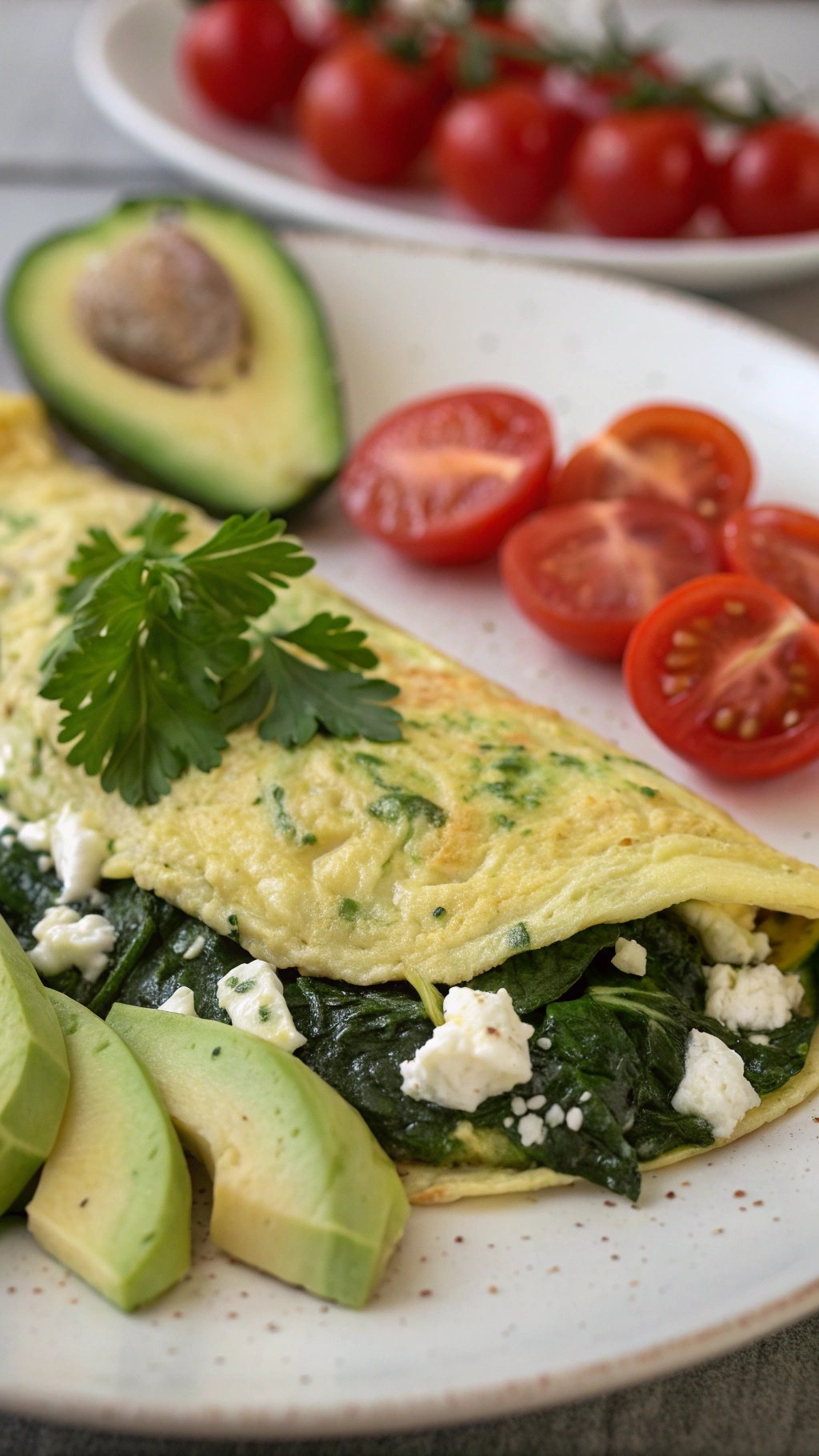 A delicious spinach and feta omelette served with avocado and cherry tomatoes.
