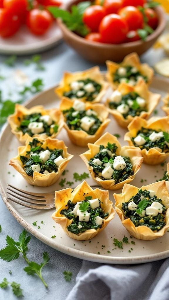 Savory spinach and feta phyllo cups arranged on a plate with fresh herbs and tomatoes in the background.