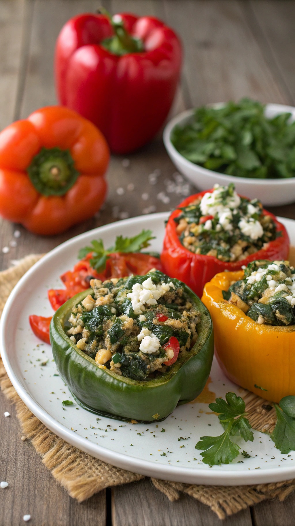 Colorful stuffed peppers filled with spinach and feta on a plate.