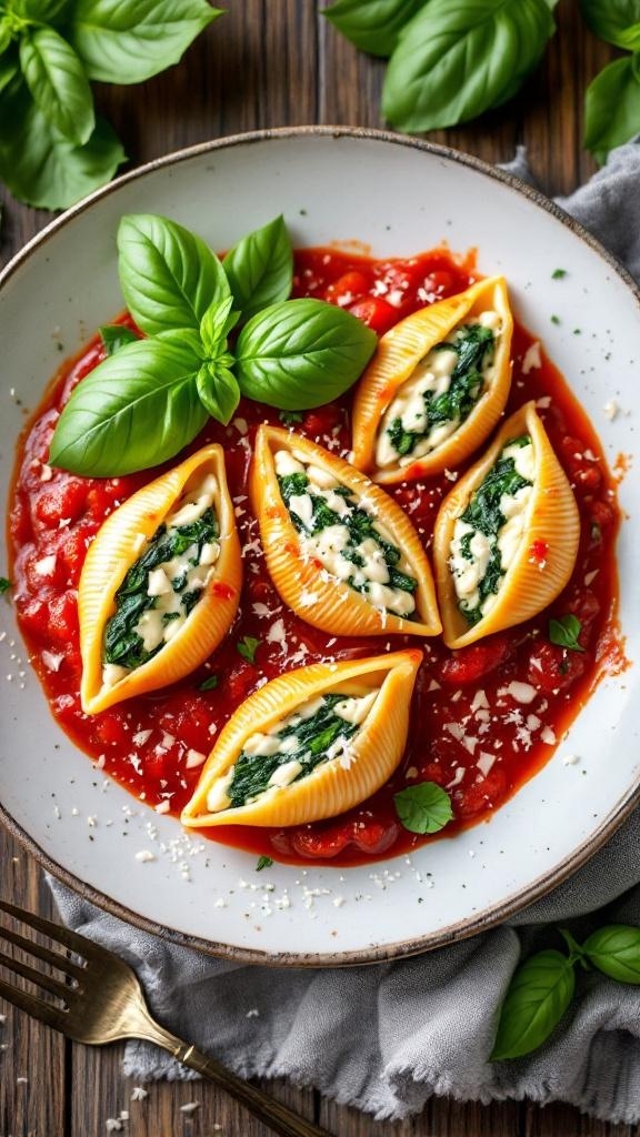 Plate of spinach and ricotta stuffed shells in tomato sauce with fresh basil leaves