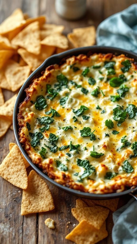 A warm spinach artichoke dip served in a round dish with tortilla chips on the side.