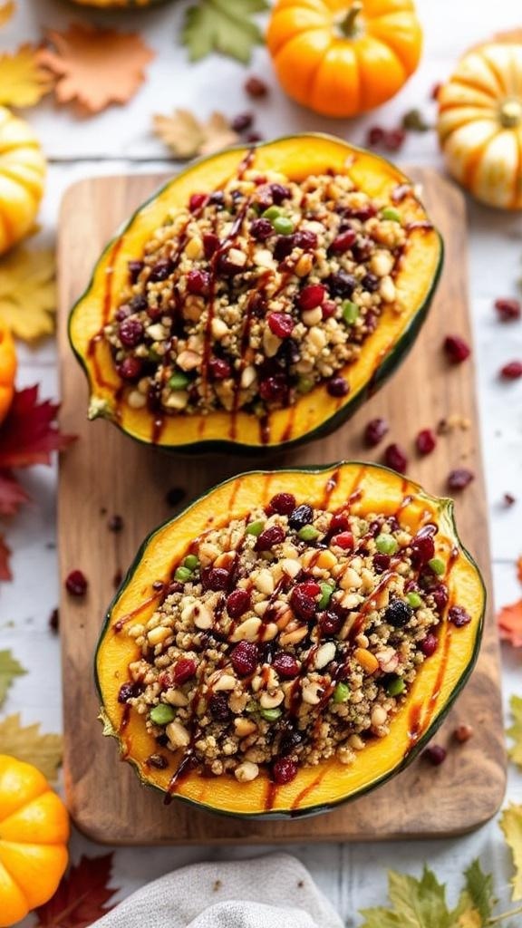Stuffed acorn squash filled with quinoa, nuts, and cranberries, drizzled with balsamic glaze.