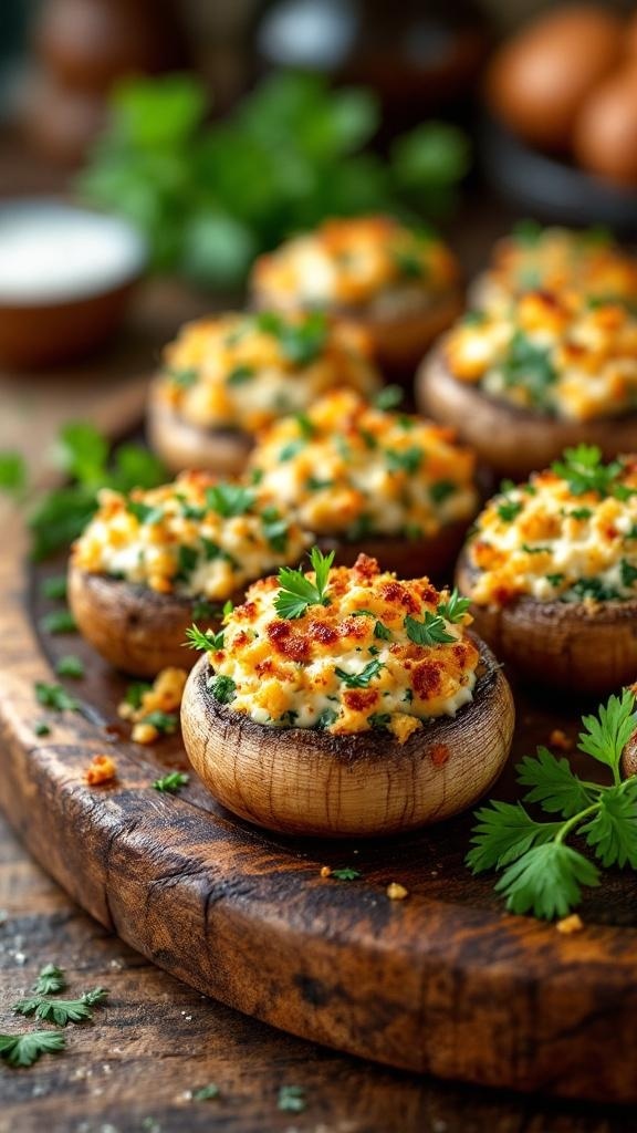 A platter of golden-brown stuffed mushrooms topped with herbs, showcasing a delicious appetizer.