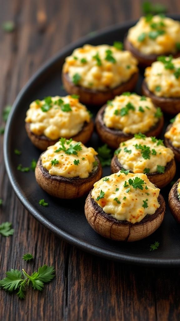 A plate of savory stuffed mushrooms topped with cream cheese filling and garnished with parsley.