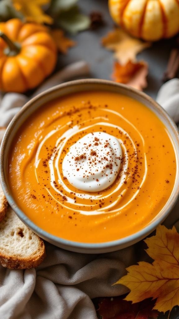 A bowl of creamy sweet potato and apple soup, garnished with cream and spices, surrounded by fall leaves and pumpkins.
