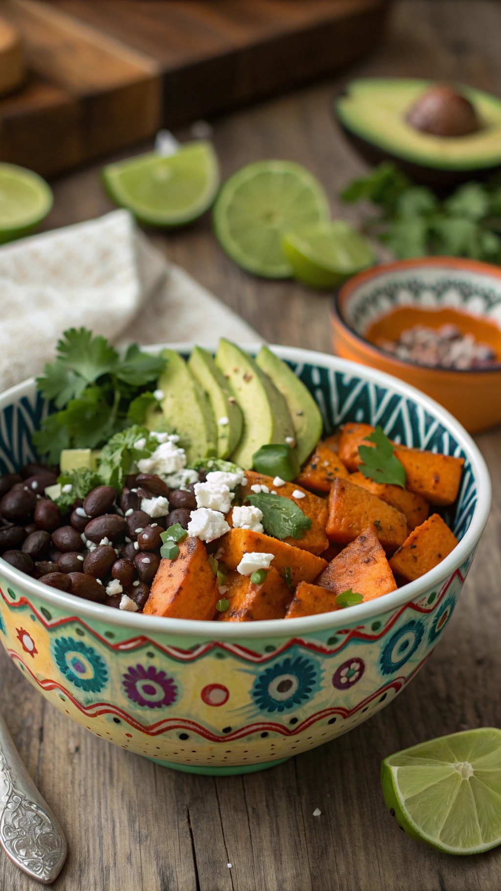 A colorful bowl of sweet potato and black bean salad topped with avocado and cilantro.