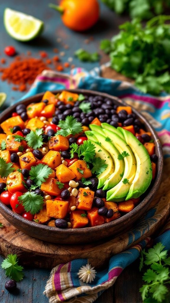 A colorful bowl of sweet potato and black bean burrito bowl with avocado, tomatoes, and cilantro.