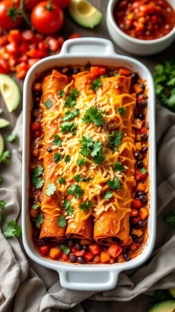 Savory sweet potato and black bean enchiladas topped with cheese and cilantro, served with fresh vegetables.