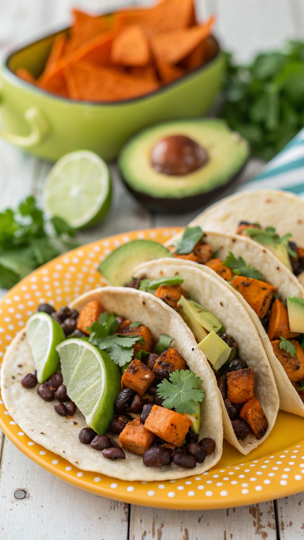 Savory sweet potato and black bean tacos with avocado and lime on a yellow plate