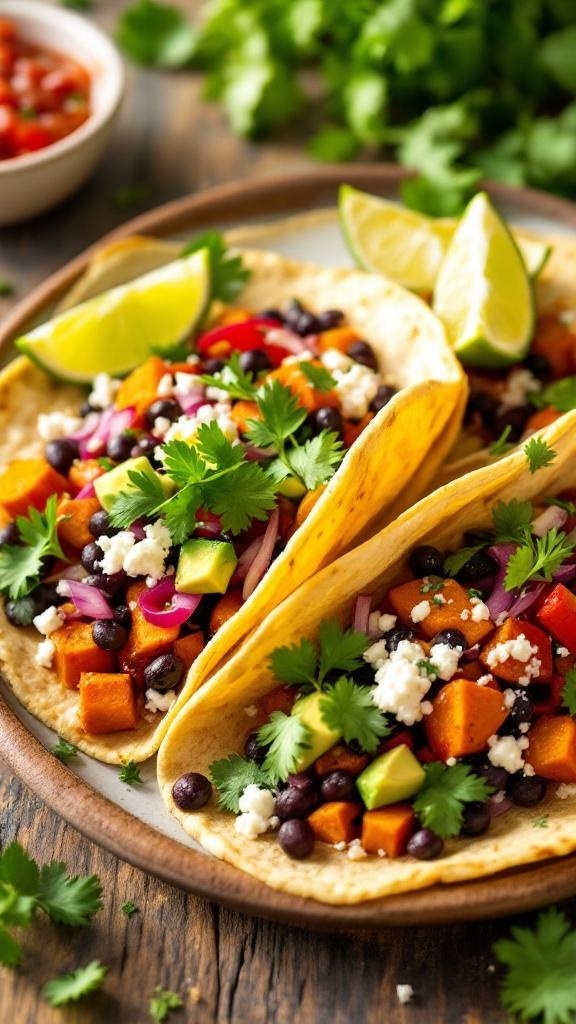 Savory sweet potato and black bean tacos with fresh toppings on a wooden plate.