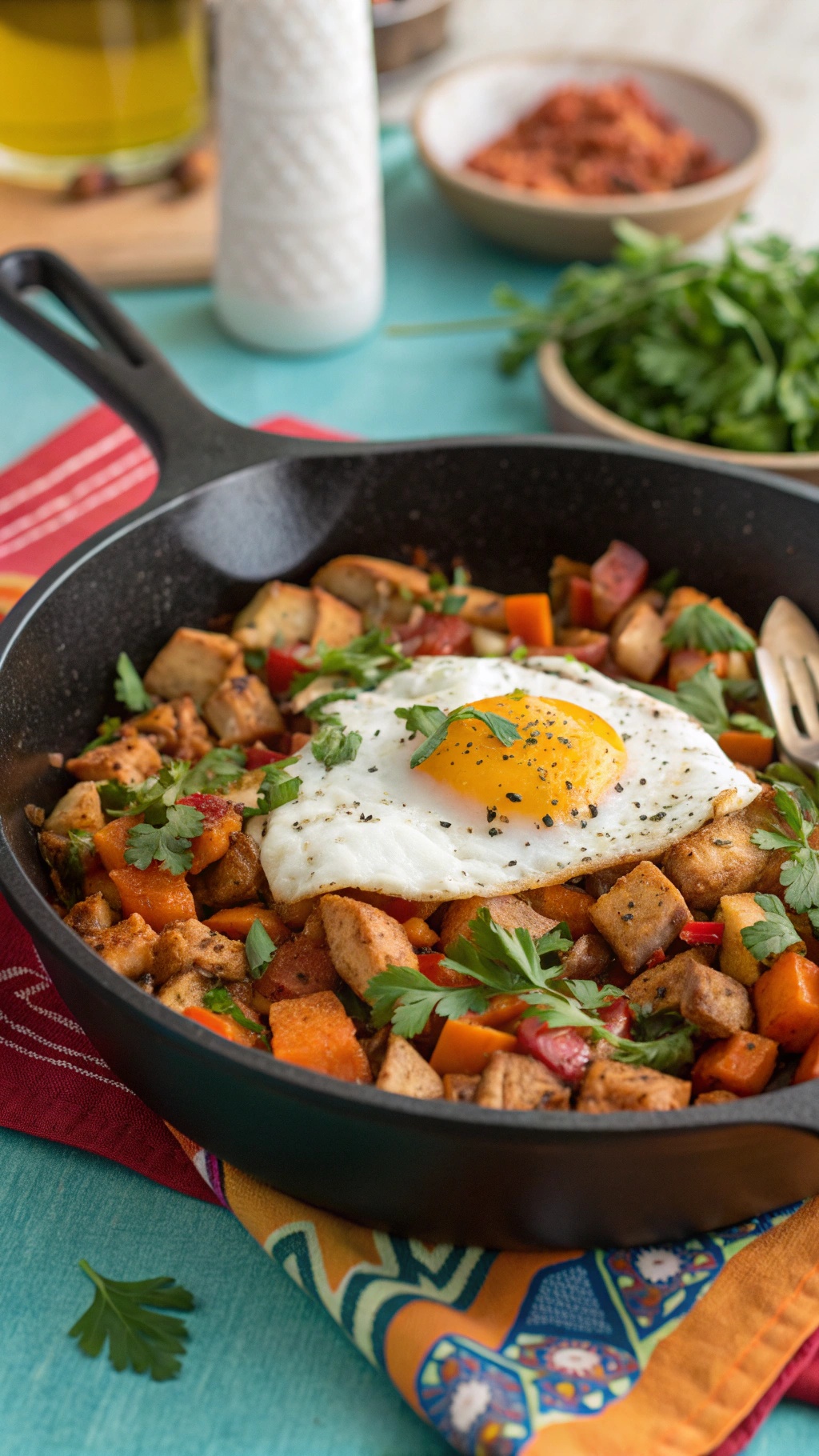 A skillet filled with savory sweet potato and chicken hash topped with a fried egg and garnished with cilantro.