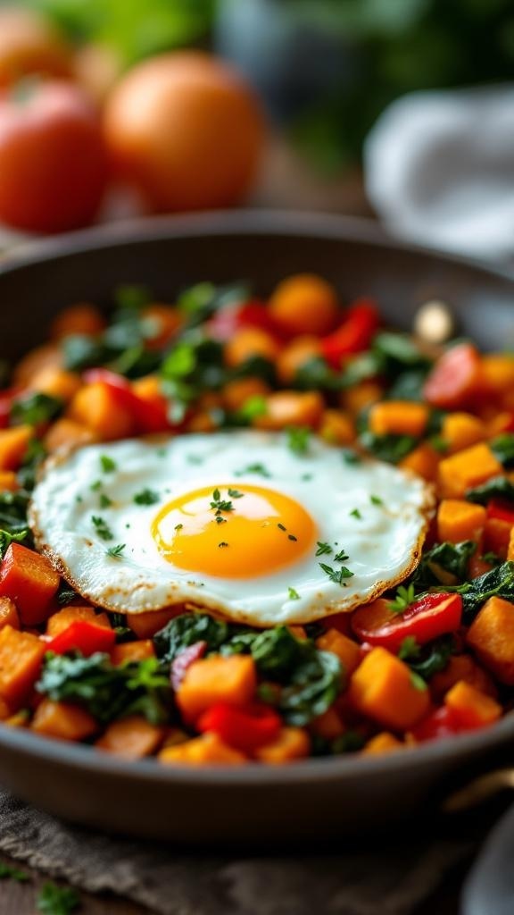 A colorful breakfast hash with sweet potatoes, spinach, red bell pepper, and a fried egg on top.