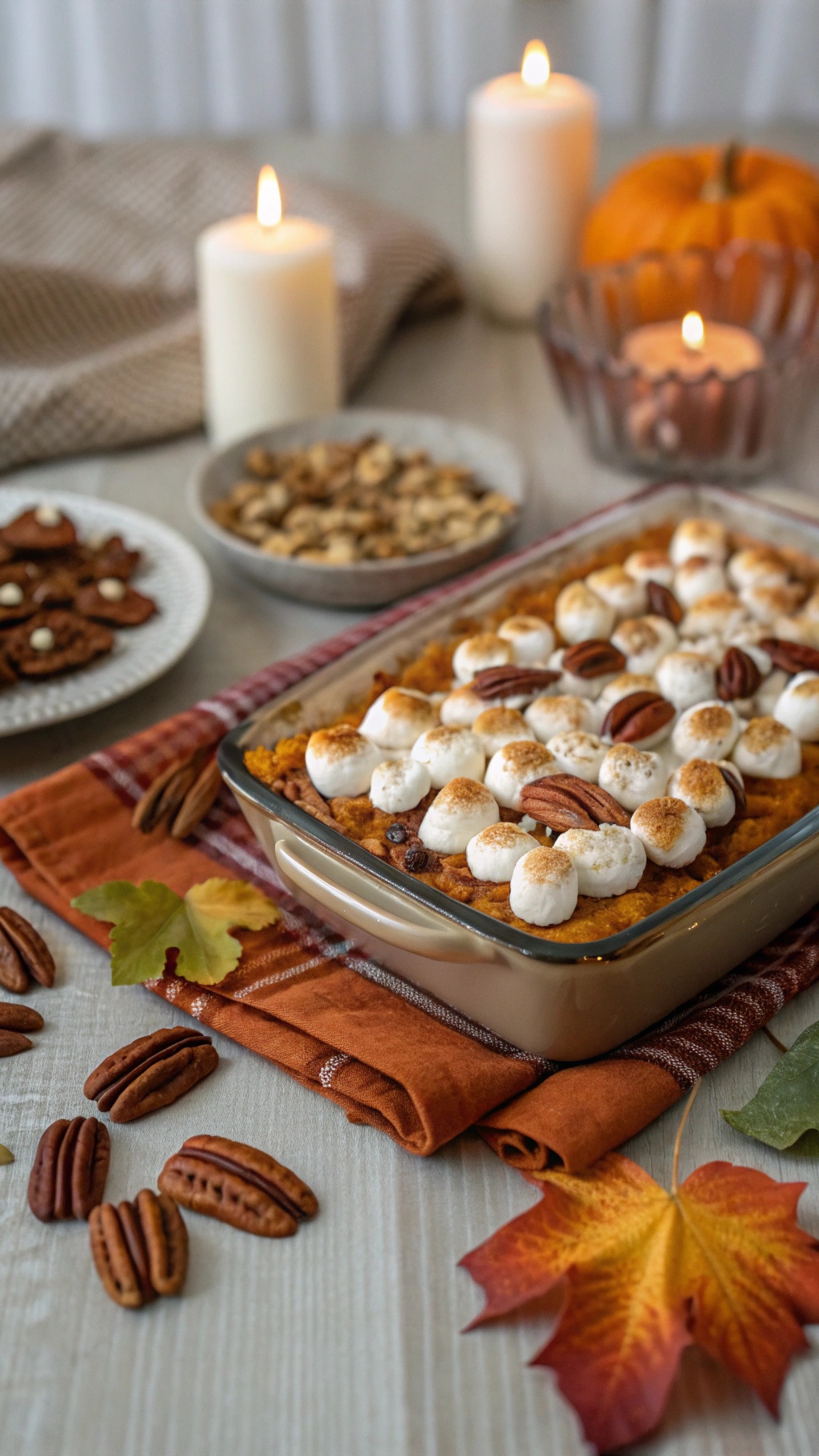 A delicious sweet potato casserole topped with toasted marshmallows and pecans, surrounded by fall decorations.