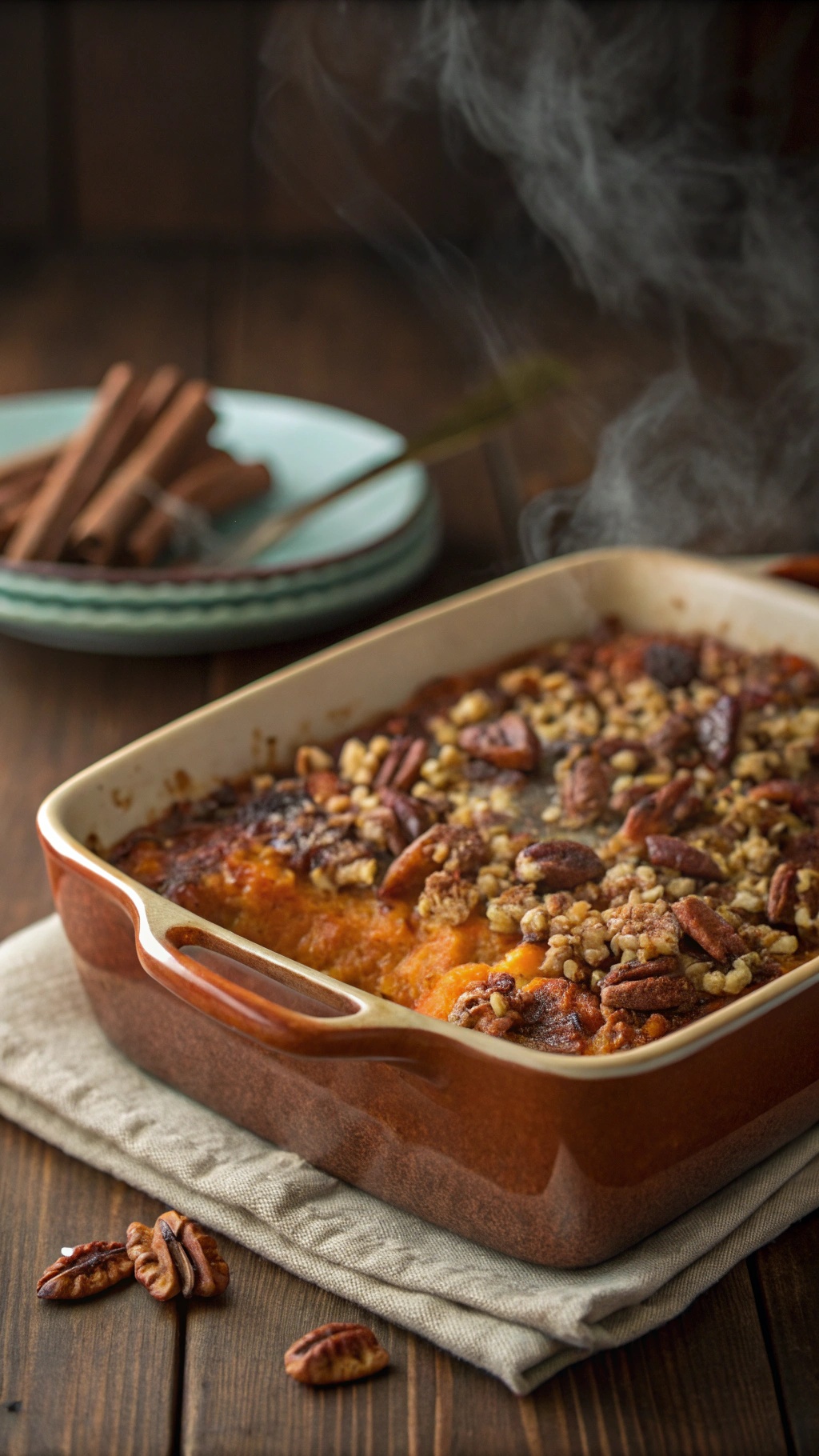 A delicious sweet potato casserole topped with pecans and oats, served in a baking dish.