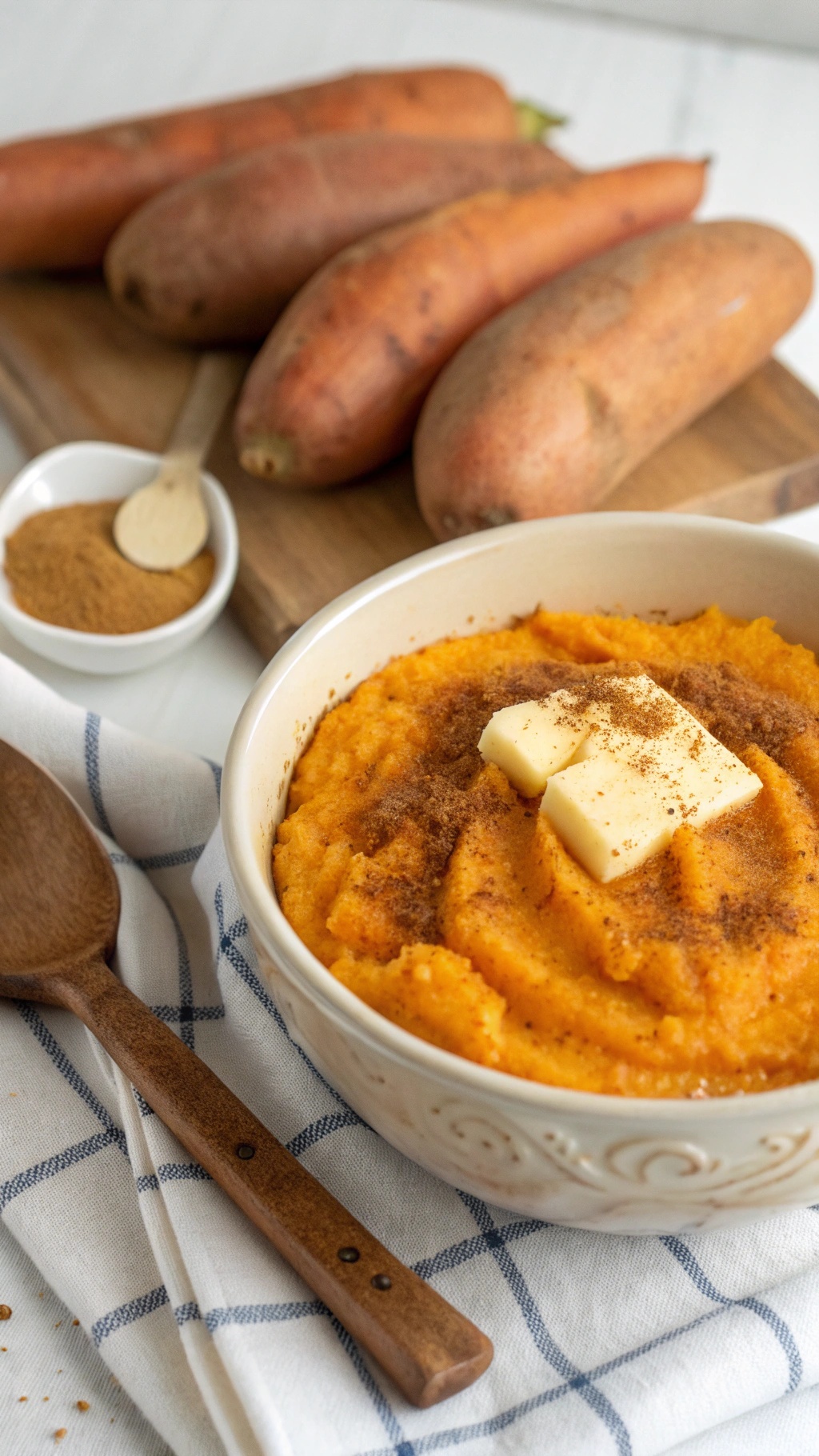 A bowl of creamy sweet potato mash topped with butter and cinnamon, with fresh sweet potatoes and cinnamon in the background.