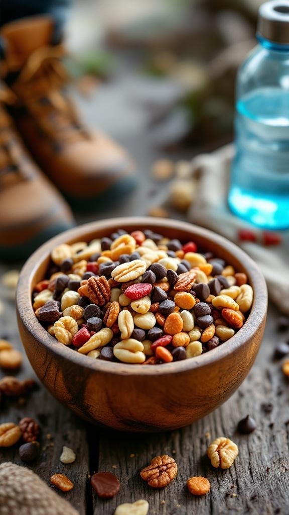 A wooden bowl filled with a colorful assortment of nuts, seeds, and chocolate chips, perfect for a savory trail mix.