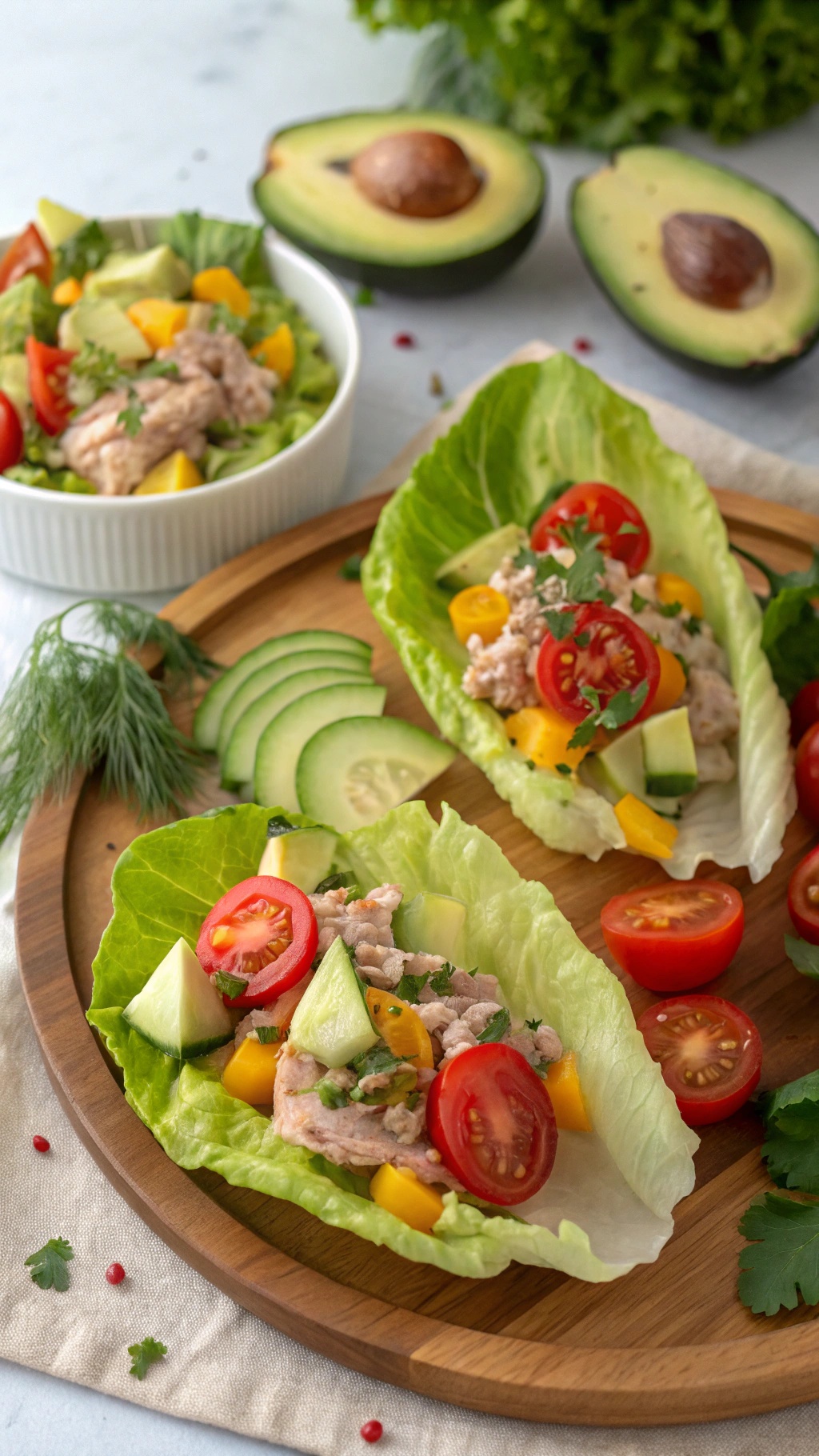 Savory tuna salad lettuce wraps with colorful vegetables on a wooden platter.