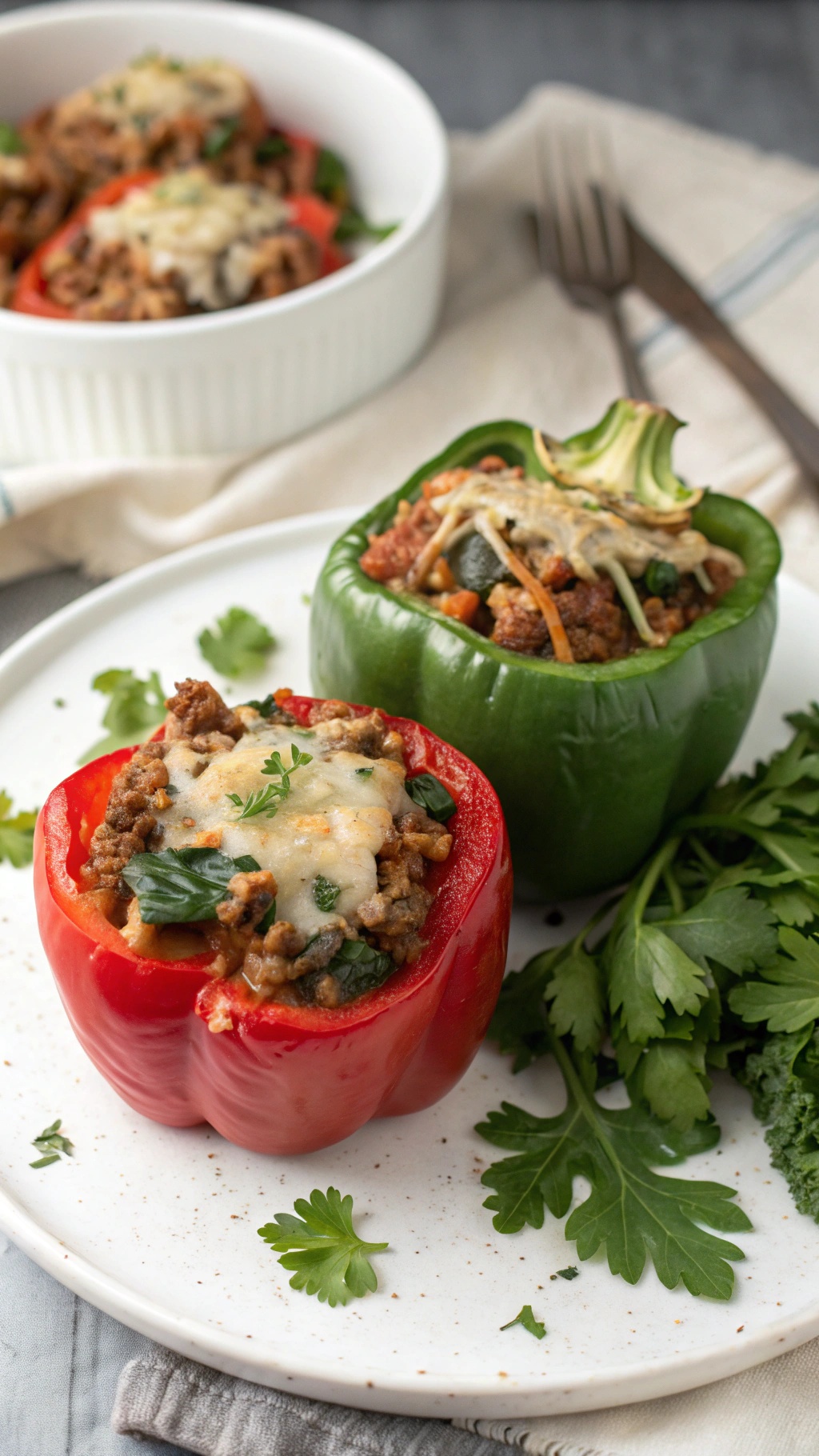 Savory turkey and spinach stuffed peppers on a plate, showcasing vibrant colors and healthy ingredients.