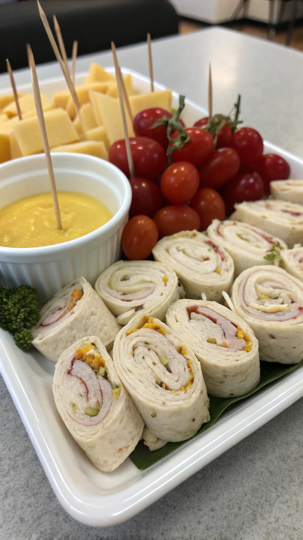 A platter of turkey and cheese roll-ups with cherry tomatoes, broccoli, and a creamy dip.