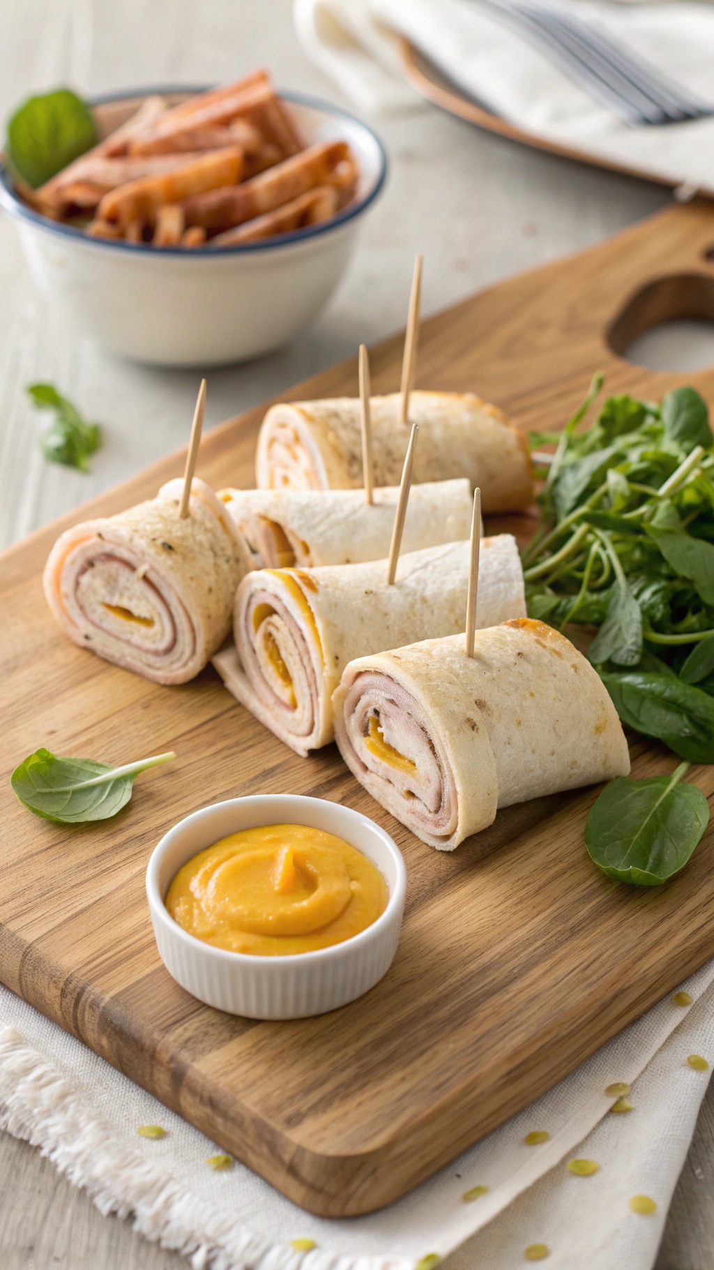 Savory turkey and cheese roll-ups on a wooden board with mustard and greens