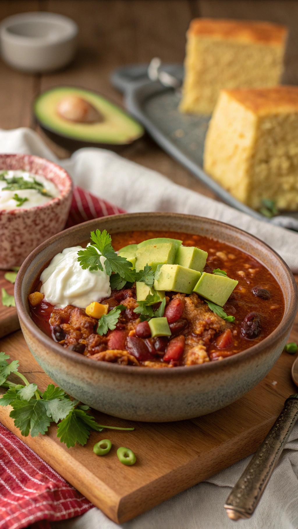 A bowl of turkey chili topped with sour cream and avocado, served with cornbread on the side.
