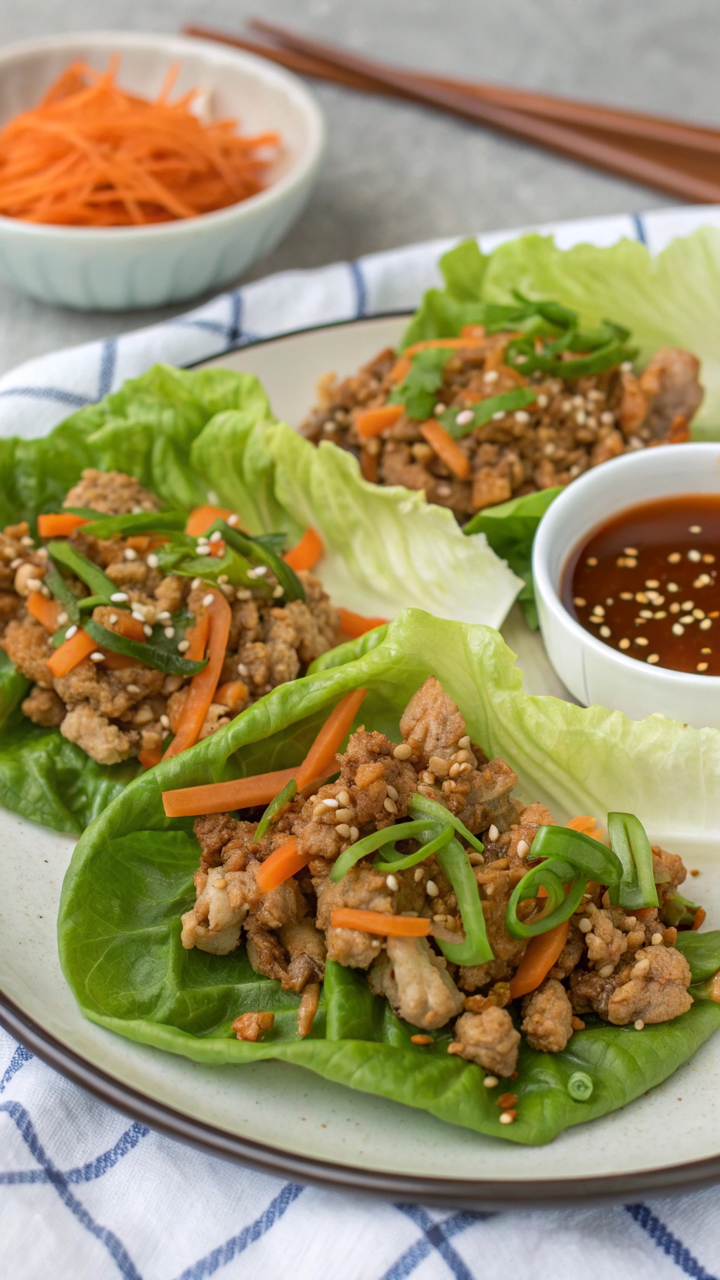 Savory turkey lettuce wraps with crunchy vegetables and sesame sauce