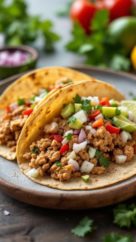 Two savory turkey tacos filled with ground turkey and topped with fresh vegetables.