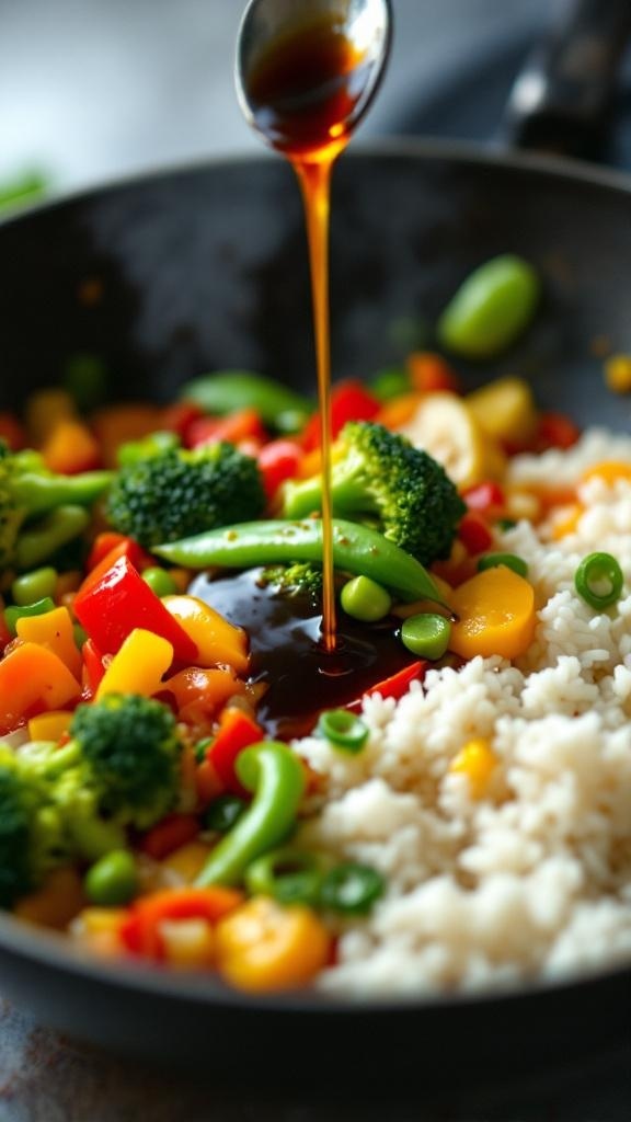 A colorful vegetable stir-fry with rice, featuring broccoli, bell peppers, and snap peas, with soy sauce being drizzled on top.