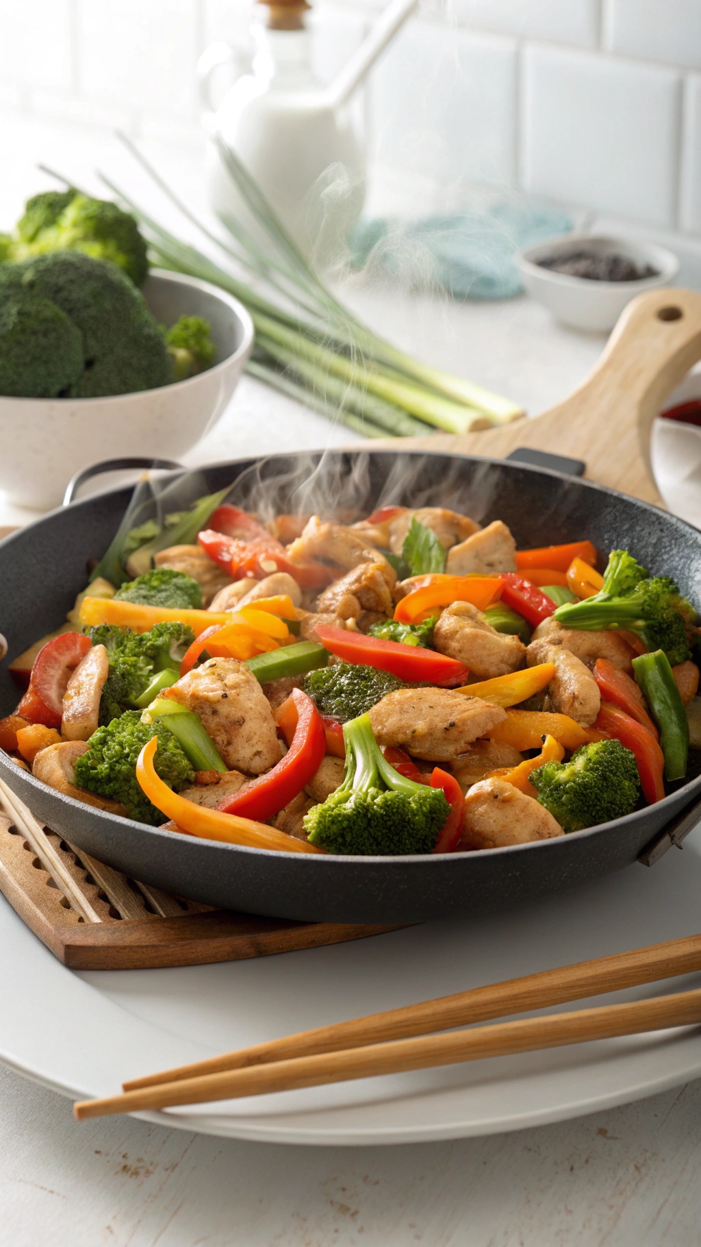 A colorful chicken stir-fry with broccoli and bell peppers in a skillet.